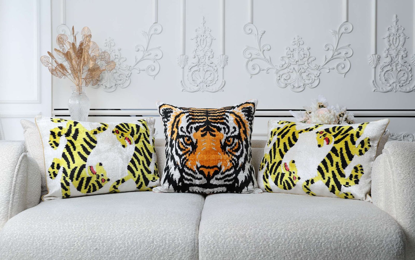Ikat cushions arranged on a sofa