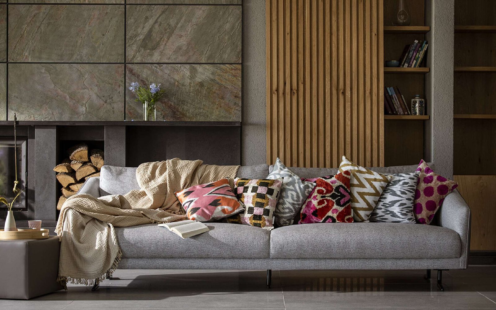 Ikat textiles styled in a modern living room